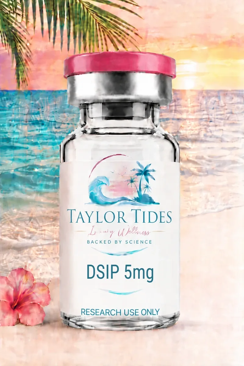 DSIP Peptide Research Taylor Tides DSIP research vial on a tropical beach